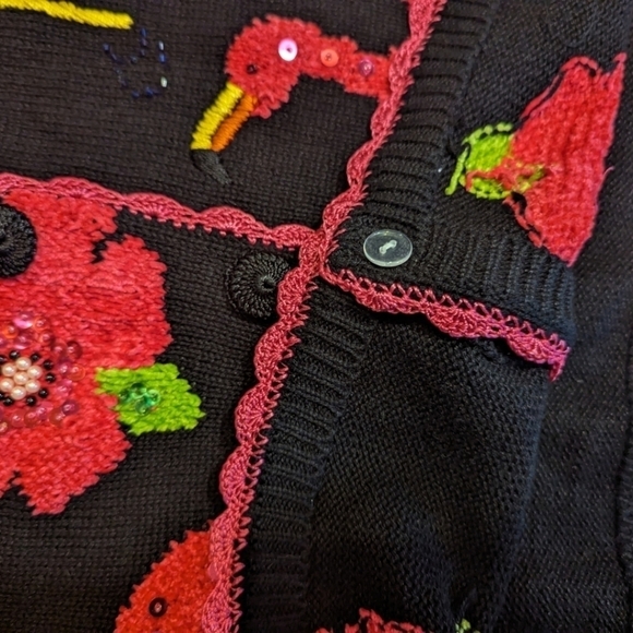 Vtg. Pink flamingos flowers beaded/sequined Black knit short sleeve cardigan XL - Picture 5 of 12